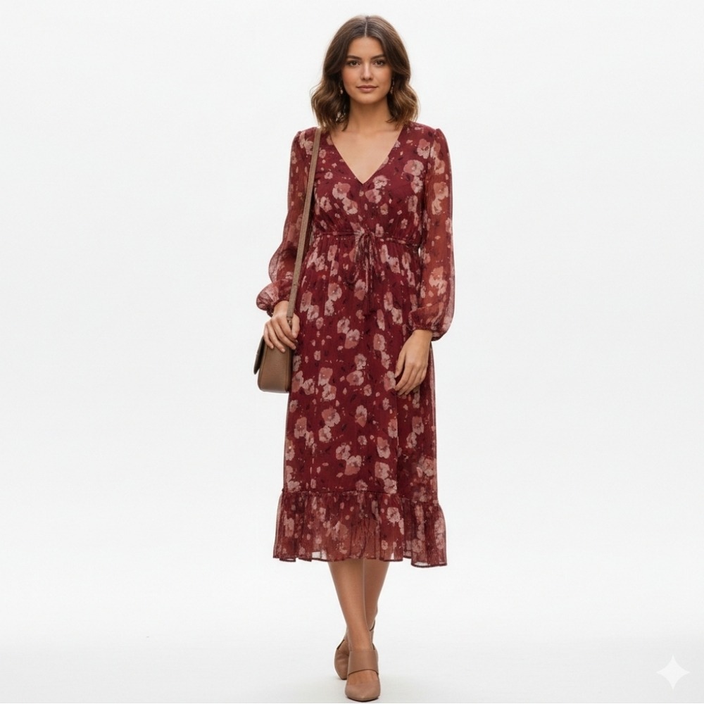 Dizzy Lizzy Floral Rustic Red Sheer Puff Sleeve Vneck Chiffon Tie Waist Dress S